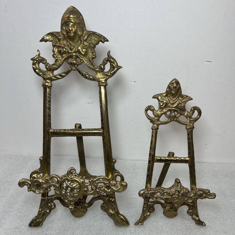 VTG Victorian Rococo Style Brass Easel W Cherub Goddess Table Top 11.5” & 8”